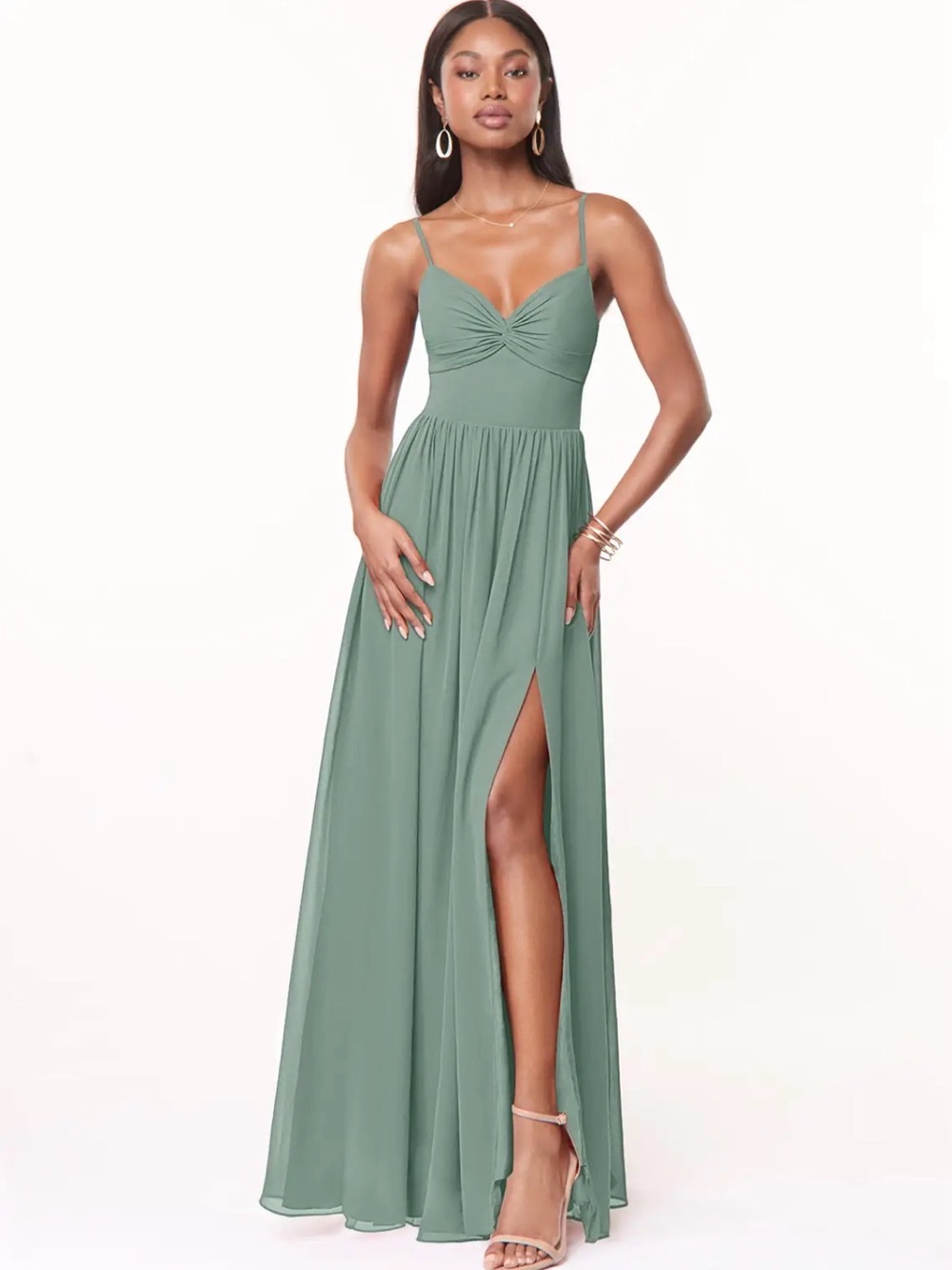 Azazie Silver Sage Green Spaghetti Strap Maxi Dress with Side Slit and Tie Back